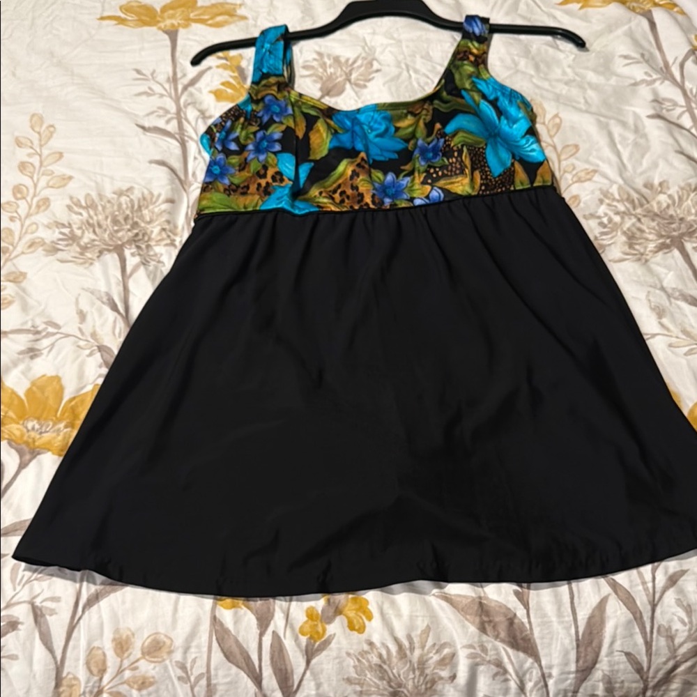 Longitude Women's Black and Blue Floral Swimsuit Dress